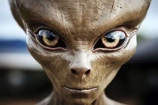 Spooky sci-fi encounter: humanoid alien in close up portrait