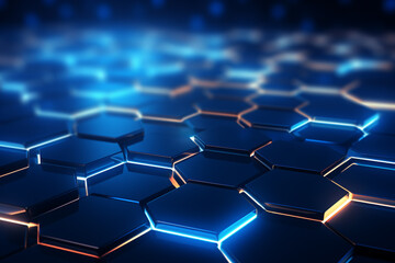 Hexagon pattern connection abstract futuristic neon blue light background, 3d render backdrop banner. - obrazy, fototapety, plakaty