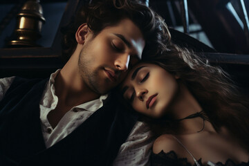 Fototapeta premium Couple portrait two lovers sleeping together in bed sensual love Generative AI