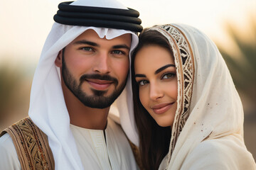 Picture of young wealthy middle eastern couple hugging love story Generative AI - obrazy, fototapety, plakaty
