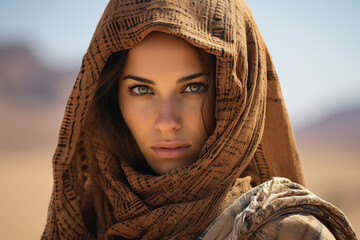 Beautiful arabic woman wearing veil in sandy desert Generative Ai illustration