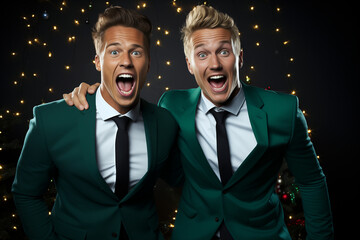 Two successful and happy businessmen wearing green suits and tie. Celebrating success or christmas. 