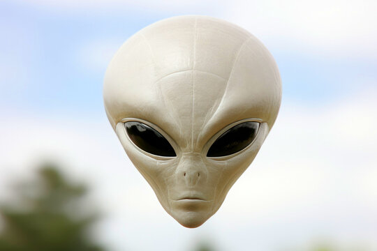 The head of an extraterrestrial humanoid creature against the sky. The Concept of the existence of extraterrestrial intelligence