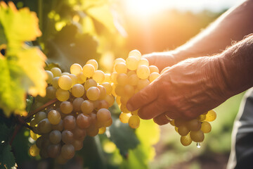 Farmer male hands picking grape, grapes harvest. - obrazy, fototapety, plakaty