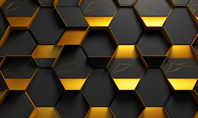 Abstract geometric pattern of yellow hexagons with metallic decor and relief materials. Seamless 3D illustration, Generative AI