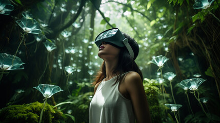 Generative AI  woman immersed in a virtual reality in lush forest