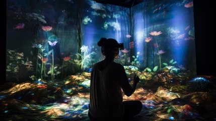Foto op Plexiglas Generative AI of a person wearing a VR headset, fully immersed in an interactive art exhibition © Eugenio Marongiu