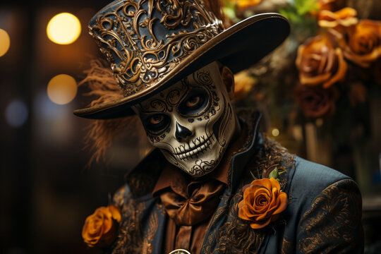 Generative AI picture of scary halloween monster dead male person mariachi devil