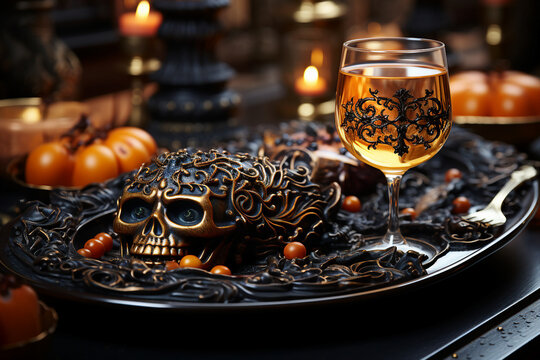 Picture of traditional halloween delicious food on table in a restaurant made with generative AI