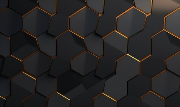 Abstract geometric seamless pattern in black iron material. Hexagon tiles with golden edge decor. 3D render, Generative AI