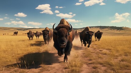 Bison Herd: A Massive Herd of Bison on the Move - obrazy, fototapety, plakaty