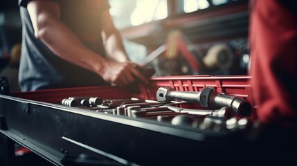 Hands of auto mechanic holding wrenches above a set of tools from wrenches - obrazy, fototapety, plakaty