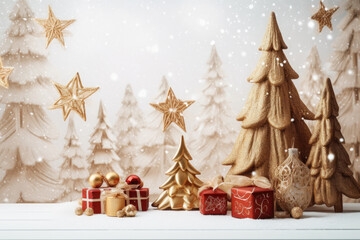 Christmas holiday in winter season decorate with gift boxes, tree and ornaments, Snowflakes background, Happy new year celebration, Special event scene with copy space.