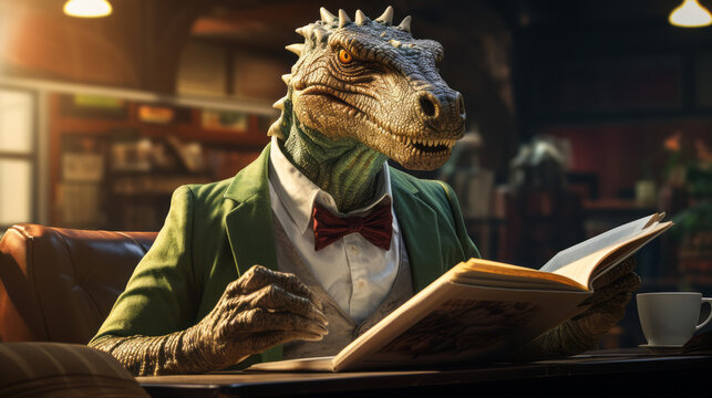 A dinosaur reading a book and drinking a cup of coffee. Strange situation. Wearing a bowtie. Kid friendly image. Storytime. Stimulate imagination.