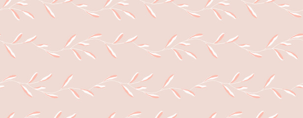 Texture with seamless floral rectangular texture. Pale pink color flyer with twigs with leaves in naive style.