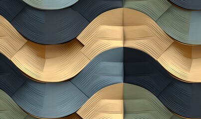 3d illustration. Geometric seamless 3D pattern in colors wood fragments with golden elements. Modern wallpaper. Wave concept design, Generative AI