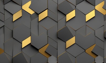 Seamless abstract geometric pattern in gray with golden decor. Hexagon tiles with relief materials. 3D render, Generative AI