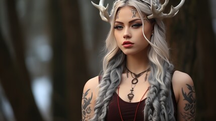 Beautiful young long-haired girl with tattoos wearing a fantasy costume and deer antlers. Character of Scandinavian cult and pagan rituals, charming witch in a mysterious forest. Halloween concept.