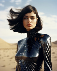 Generative AI stunning mixed race model posing wearing a silver dress futuristic fashion