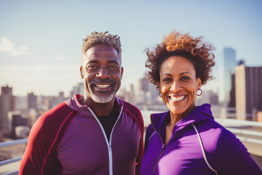 Senior multiethnic couple in sports outfits looking at camera with warmth and smile. Happy loving mature man and woman jogging or doing workout outdoors. Healthy lifestyle in urban environment.