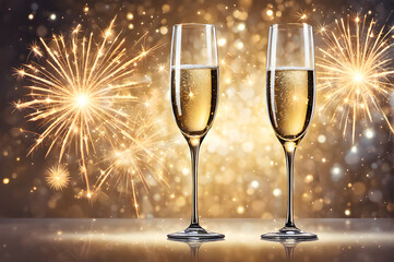 Two champagne glasses. Fireworks in background. New Years Eve concept. Copy space.