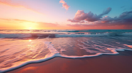 Beautiful seascape during sunset. Sandy sea beach.
