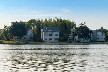 The attic of ancient Chinese architecture on the lake