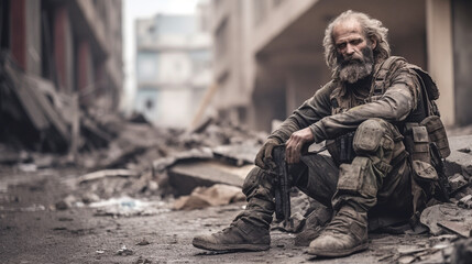 Older bearded soldier sitting on rubble in war-torn city, deep in thought and determination