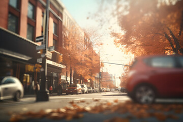 American downtown street view at autumn morning. Neural network generated image. Not based on any actual scene.