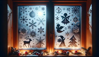 Wooden framed frosty christmas winter window, generative ai