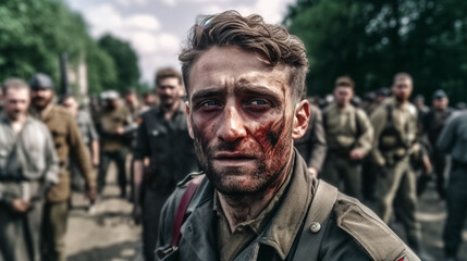 Fototapeta premium Prisoners of war are released, prisoner exchange, wounded soldiers, traumatized, dramatic, war and victims, soldiers, fictional place