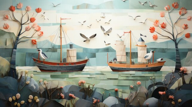 A vibrant canvas of seafaring vessels and graceful avian companions, depicting the beauty and freedom of transport on water through a masterful fusion of watercolor and ink