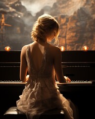 A dark-haired woman in a flowing dress captivates the audience with her graceful piano playing at a...
