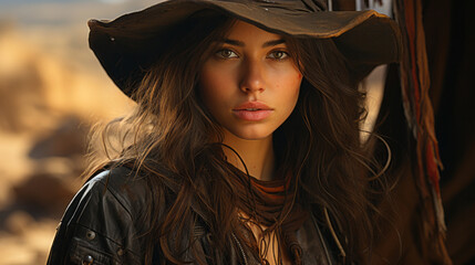 A dark-haired girl poses outdoors in a portrait, exuding fashion and confidence with her head adorned by a striking hat