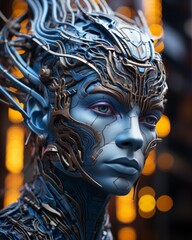 An otherworldly masterpiece emerges from nature's canvas, a woman of metallic beauty adorned in blue and gold, embodying the fusion of art and technology in a stunning outdoor sculpture - obrazy, fototapety, plakaty