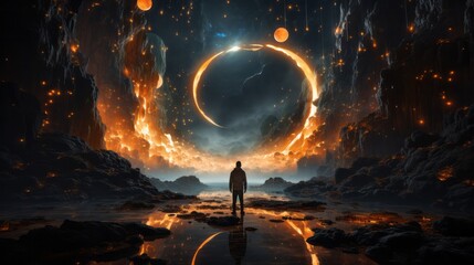 A lone figure stands in awe under the night sky, surrounded by the untamed fury of nature's flames - obrazy, fototapety, plakaty