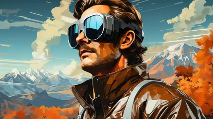 Cercles muraux Montagnes Amidst the majestic mountain landscape, a man with anime-inspired spectacles gazes into the distance, his goggles and sunglasses shielding his eyes from the vibrant sky