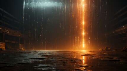 The dark night was illuminated by the ethereal glow of outdoor lights, as a cascading rain fell from the earth, blending water and ground into a fluid dance of wild beauty
