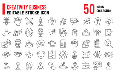 Set of Creative business editable icon set, icon also includes strategy, design, innovation, bulb, development. Creative Idea thin icon, simple set of creativity related vector line icons.