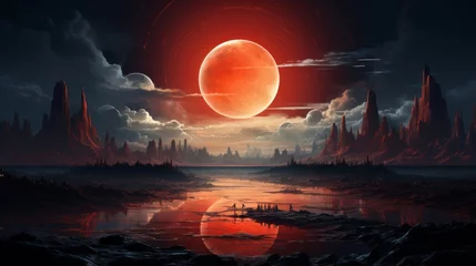 Deurstickers The sky blushed as the red moon danced over the tranquil river, a wild and enchanting sight that stirred the soul © Envision