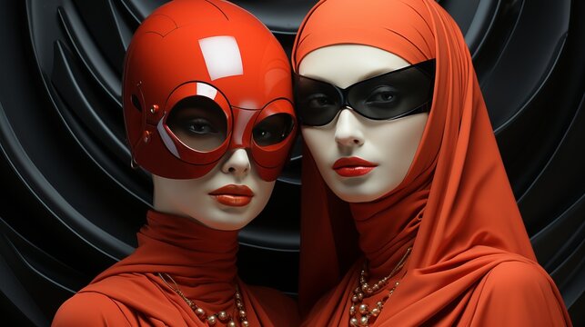 Bold and mysterious, two mannequins adorned in orange headscarves and black sunglasses exude a sense of fashion-forward confidence