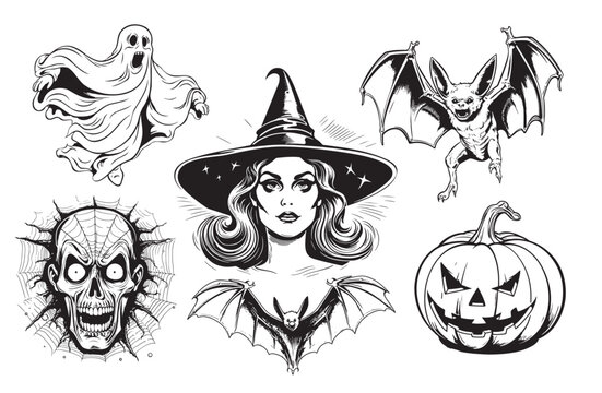 Halloween symbols set sketch hand drawn in comic style .illustration Holiday of the dead
