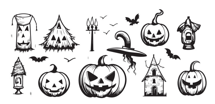 Halloween symbols set sketch hand drawn in comic style .Vector illustration