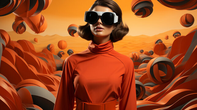 A vibrant and playful woman dons a bold orange dress and stylish white sunglasses, exuding an animated and artistic energy with her colorful attire and unique accessories - Powered by Adobe