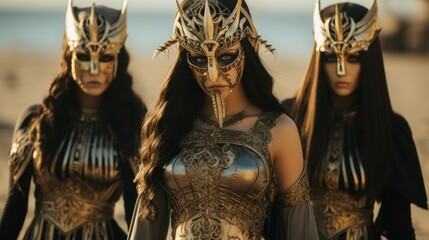 A glamorous troupe of ladies, adorned in golden and ebony attire, don striking masks as they revel in an enchanting masquerade amidst the outdoor splendor