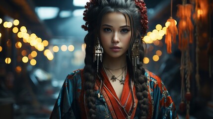 A vibrant and free-spirited woman, adorned with braids and red flowers, stands confidently on bustling street, her flowing dress and fierce gaze capturing the essence of fashion and individuality
