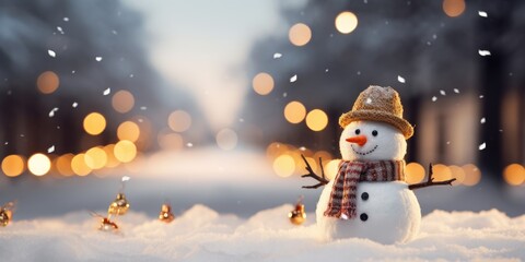 Fototapeta premium snowman portrait on snowy background with copy space. Generative AI
