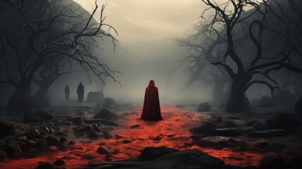 A lone figure cloaked in crimson stands amidst ethereal fog of mysterious forest, their gaze fixated on towering trees that reach towards the ever-changing sky in this untamed outdoor landscape - obrazy, fototapety, plakaty