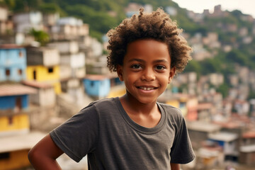 boy with curly hair against a background of mountains and favelas.