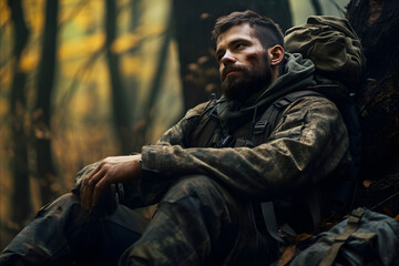 Obraz premium dirty tired soldier sitting in deep forest at autumn evening. Neural network generated image. Not based on any actual person or scene.